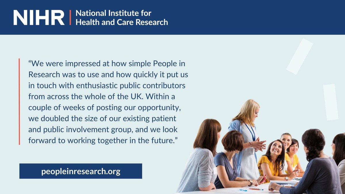 “We were impressed at how simple People in Research was to use and how quickly it put us in touch with enthusiastic public contributors”

Are you looking to involve patients and the public in your research?  Post your opportunity on People in Research now! peopleinresearch.org