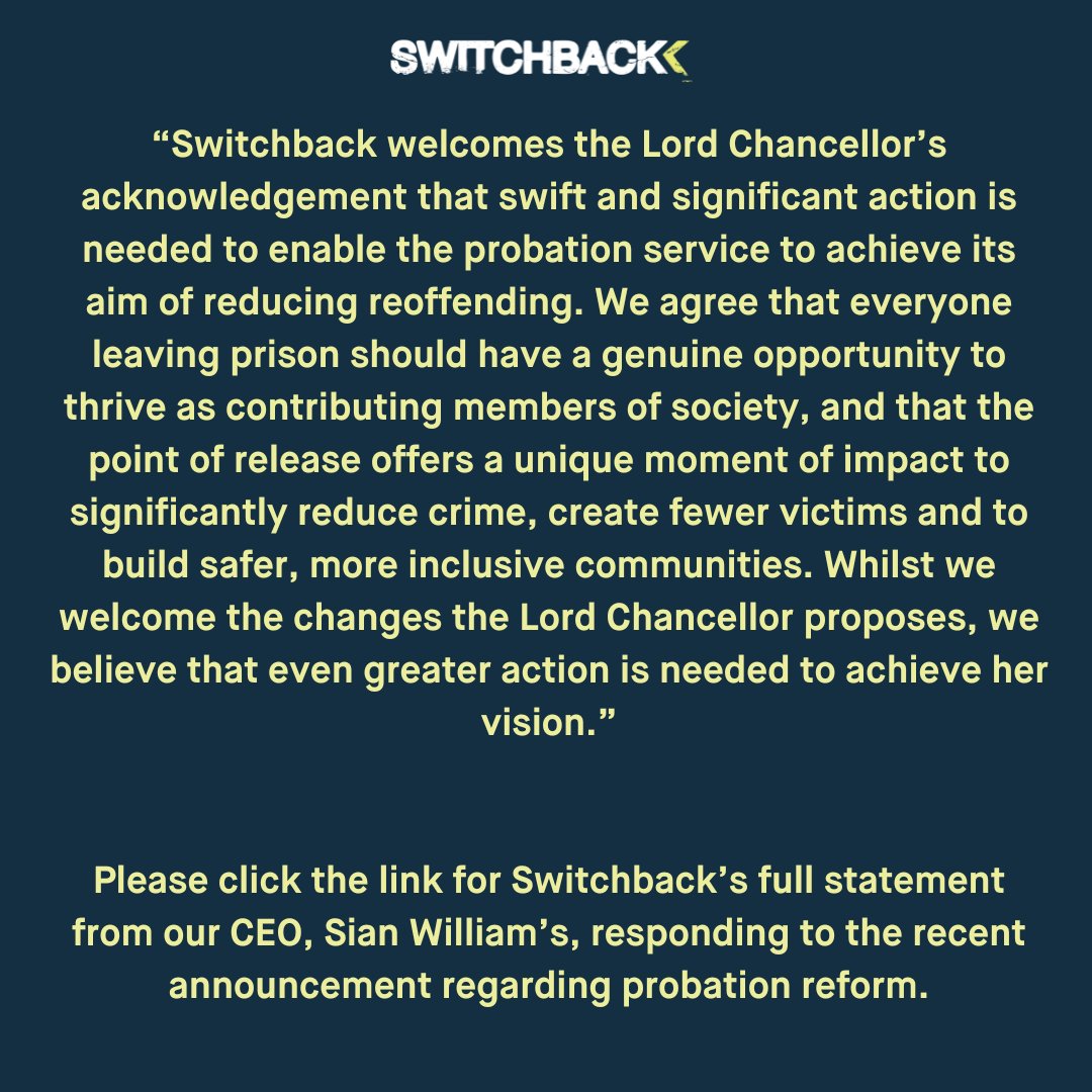 Lord Chancellor Shabana Mahmood MP outlined The Governments vision for the Probation Service last week. Switchback's CEO Sian Williams responds.

Please click the link below for our full response.

switchbackworks.info/3EDwYn1