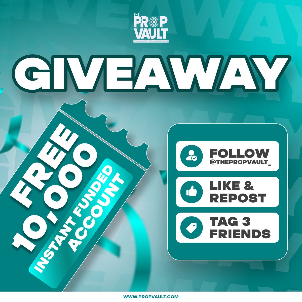 We have decided to give one of you lucky traders a 10k INSTANT FUNDED account!

All you have to do is...

1. Follow <a href="/ThePropVault_/">The Prop Vault</a> 
2. LIKE &amp; REPOST this post
3. Tag 3 friends in the comments

Please make sure you have completed all 3 of the above rules to be entered with the