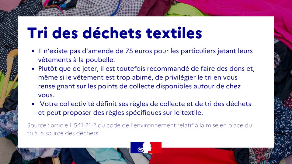 Ecologie_Gouv's tweet image. Tri des déchets : il n’existe pas de sanction à l’échelle nationale pour les particuliers qui jetteraient des textiles, contrairement à une fausse information qui circule.

Mise au point ⤵️