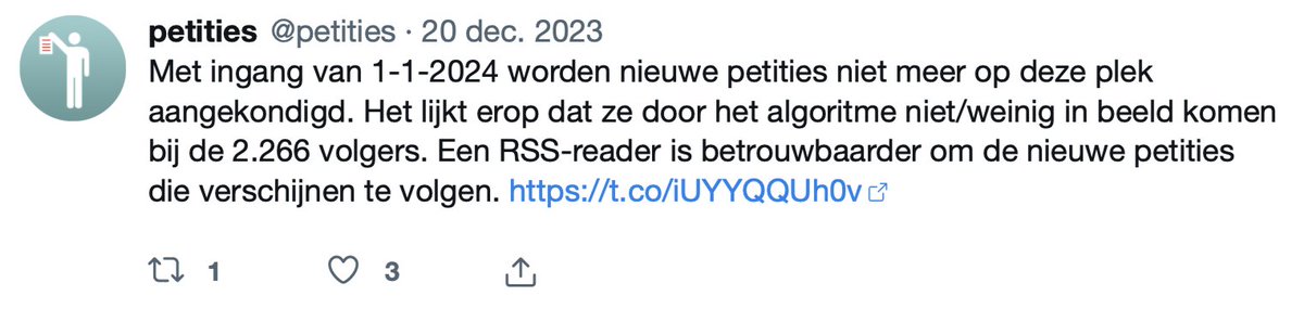 petities's tweet image. Met ingang van 1-1-2024 worden nieuwe petities niet meer op deze plek aangekondigd. Het lijkt erop dat ze door het algoritme niet/weinig in beeld komen bij de 2.266 volgers. Een RSS-reader is betrouwbaarder om de nieuwe petities die verschijnen te volgen. en.wikipedia.org/wiki/RSS
