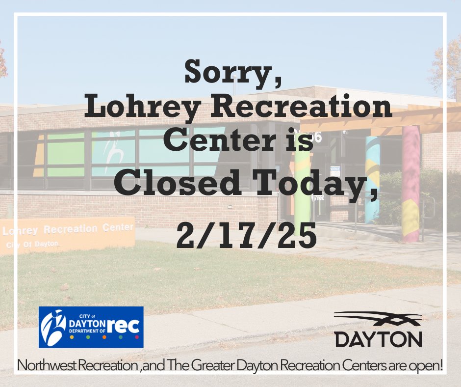 Lohrey Rec. Center will be closed  2/17, due to no heat in the building.
We apologize for the inconvenience and appreciate your understanding as we resolve the issue.
The Northwest Rec. Center at 1600 Princeton Dr. and the GDRC at 2021 W Third St. are open.