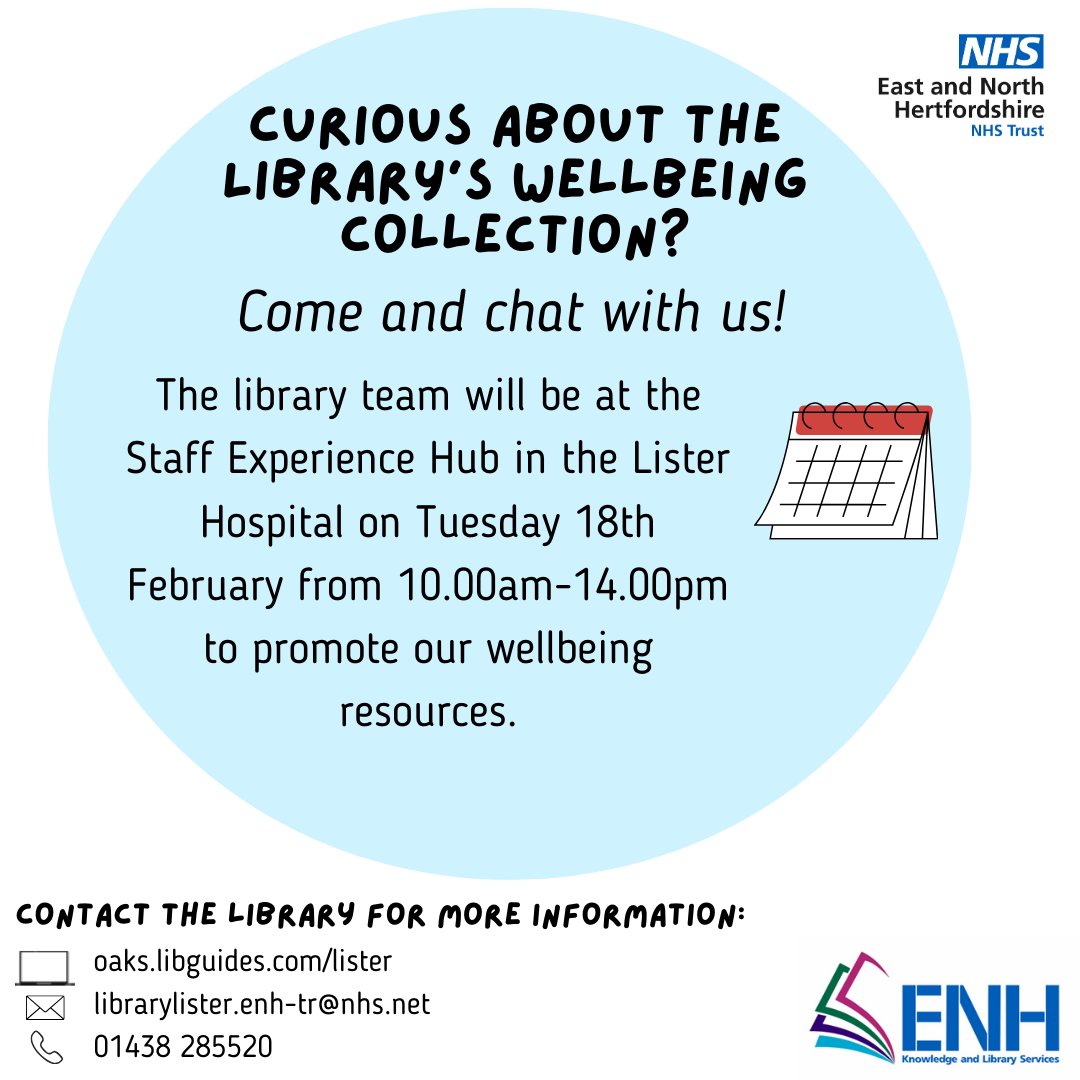 LibbyLister2's tweet photo. Curious about the library's wellbeing collection? 🌻Library staff will be at the staff experience hub in the Lister Hospital on Tuesday 18th February 10.00am-14.00pm. Stop by and discover the range of wellbeing books and eBooks available to @enherts staff! #wellbeing #nhslibrary https://t.co/5WpkMflVRr