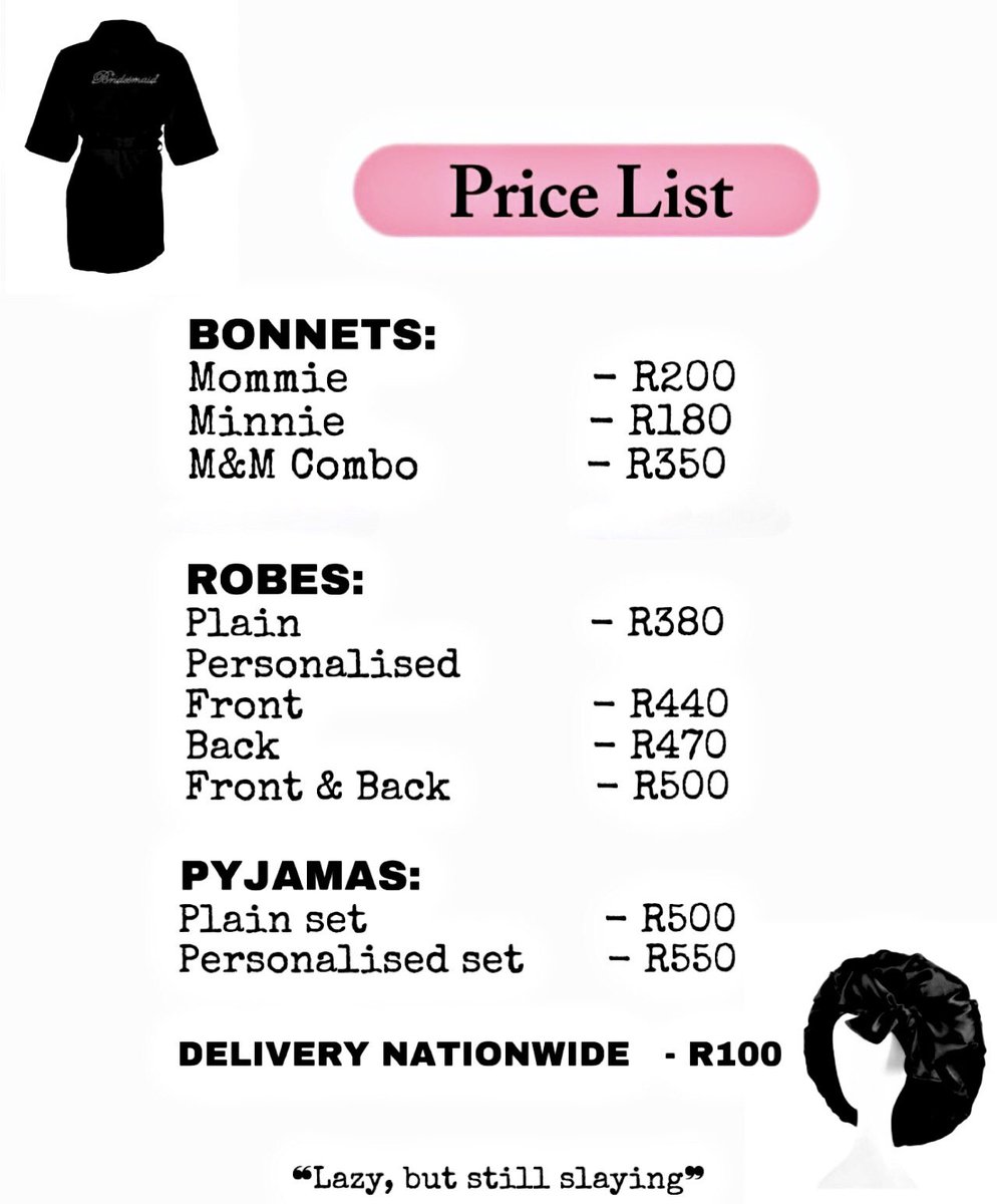 slazy_za's tweet photo. 𝐇𝐨𝐦𝐞 𝐟𝐨𝐫 𝐚𝐥𝐥 𝐲𝐨𝐮𝐫 𝐛𝐞𝐝𝐭𝐢𝐦𝐞 𝐞𝐬𝐬𝐞𝐧𝐭𝐢𝐚𝐥𝐬 𝐚𝐧𝐝 𝐁𝐫𝐢𝐝𝐞 &amp; 𝐓𝐫𝐢𝐛𝐞 𝐧𝐞𝐞𝐝𝐬 🎀

Bonnets • Robes • Pjs • Slippers • Champagne flutes

To order send a DM or WhatsApp message to 0836001256 🛍
#GirlTalkZA #Satin #Slazy #SouthAfrica https://t.co/oDjN67ThLs