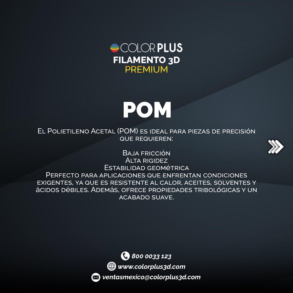 ColorPlus3d's tweet image. ✨¡Filamento POM (Poliacetal) para Impresión 3D! ✨
👉El Polietileno Acetal (POM) es ideal para piezas de precisión que requieren:
🔹Baja fricción
🔹Alta rigidez
👌Perfecto para aplicaciones que enfrentan condiciones exigentes
.
.
#filamento #3dprint #Colorplus #3dprinter  #pom