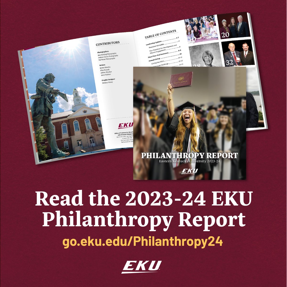 EKUalums's tweet image. Check out the 2024 Philanthropy Report to read inspiring stories of EKU donors and the lives changed through their generosity.
go.eku.edu/Philanthropy24
