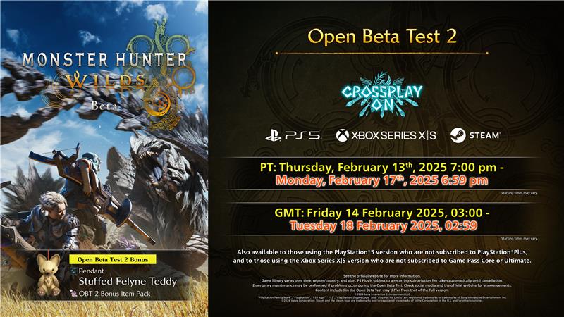 monsterhunter's tweet image. Hunters, we're pleased to confirm that due to the PlayStation Network outage that occurred during the first week of OBT2, we're extending the second week of OBT2 by +24 hours on all platforms!

New period:
Feb. 13, 7pm PT / Feb. 14, 3am GMT – Feb. 17, 6:59 pm PT / Feb. 18, 2:59…