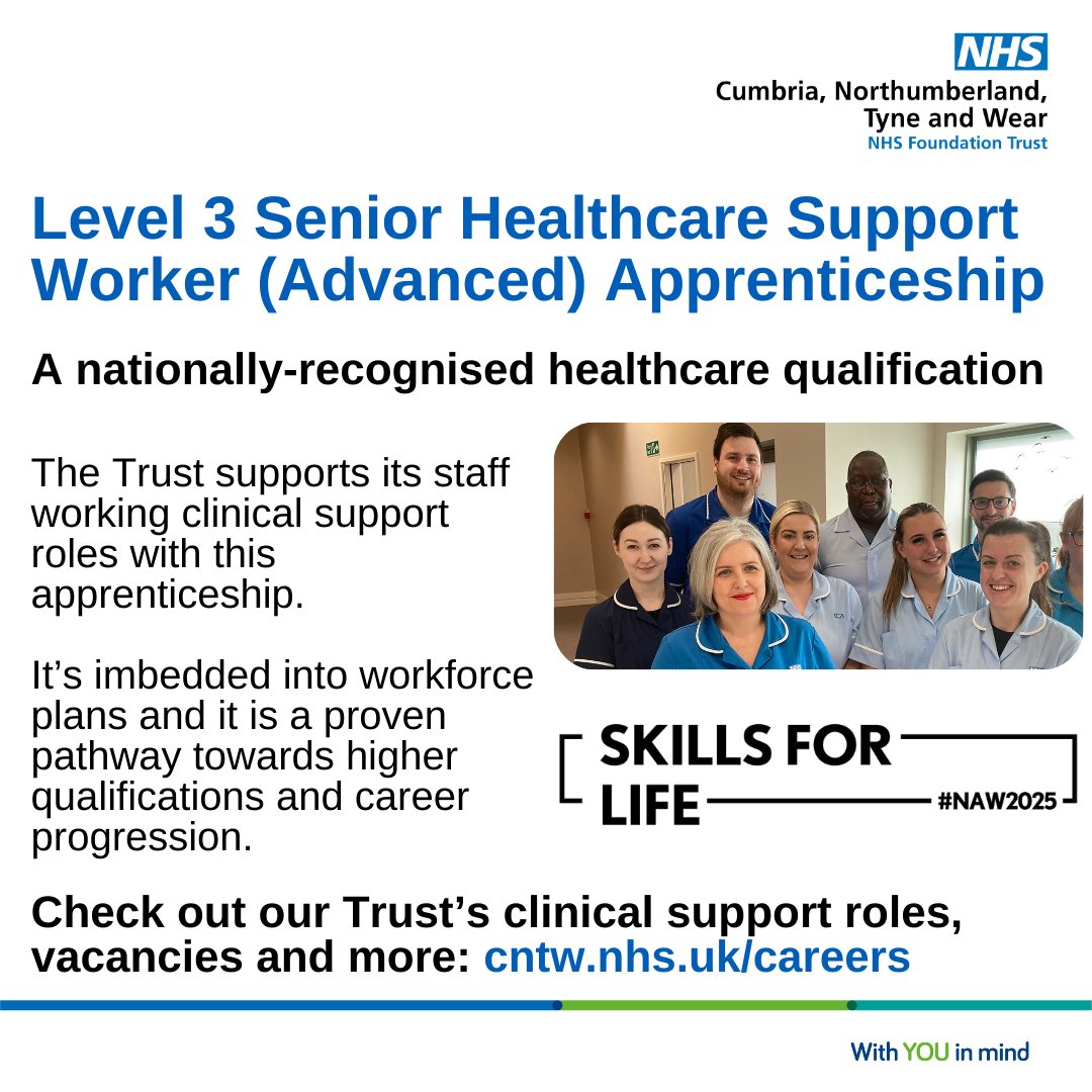Apprenticeships at CNTW NHS Foundation Trust (@cntwapprentices) on Twitter photo The Trust works closely with fantastic learning providers such as <a href="/sunderlandcol/">Sunderland College</a> and <a href="/DerwentsideColl/">Derwentside College</a> to enable our staff to enrol onto advanced <a href="/Apprenticeships/">Apprenticeships and Skills</a>. 
It is now a key option for career development at <a href="/CNTWNHS/">Cumbria, Northumberland, Tyne and Wear NHS FT</a> for clinical staff. 
#SkillsForLife #NAW2025 The Trust works closely with fantastic learning providers such as <a href="/sunderlandcol/">Sunderland College</a> and <a href="/DerwentsideColl/">Derwentside College</a> to enable our staff to enrol onto advanced <a href="/Apprenticeships/">Apprenticeships and Skills</a>. 
It is now a key option for career development at <a href="/CNTWNHS/">Cumbria, Northumberland, Tyne and Wear NHS FT</a> for clinical staff. 
#SkillsForLife #NAW2025
