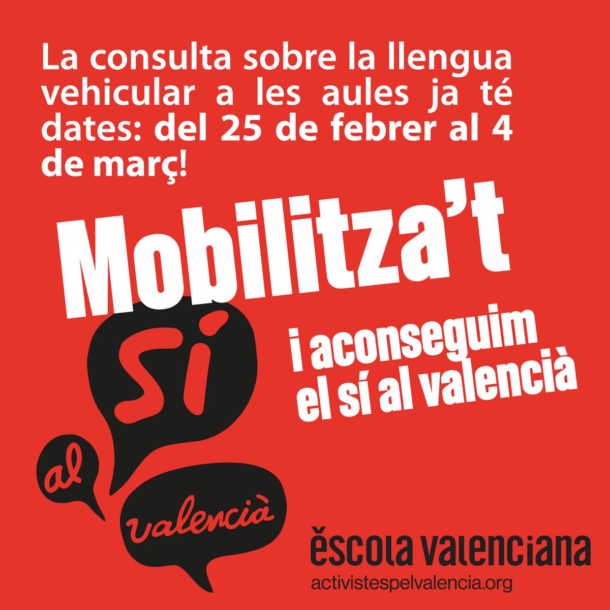 📢 Consulta sobre la llengua vehicular! 🗳️

📅 Del 25/02 al 04/03  decidim el futur del valencià a les aules. Mobilitzem famílies i comunitat educativa per aconseguir el SÍ al valencià!

💬 Participa, informa't i fes valdre el teu vot! ✊📚