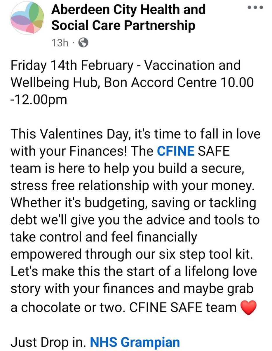 Friday 14th February -CFINE SAFE team at the Aberdeen Vaccination &amp; Wellbeing Hub - support with budgeting, savings or tackling debt through six step toolkit. Fall in love with your finances. Just drop In. <a href="/NHSGrampian/">NHS Grampian</a> <a href="/CFINEAberdeen/">Community Food Initiatives North East (CFINE)</a>