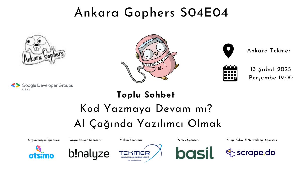 yakuter's tweet photo. 📢@AnkaraGophers #S04E04

AI çok hızlı ilerliyor ve yazılımcılar olarak da tedirginlikle takip ediyoruz.😳 Gelin AI çağında ne yapacağımıza birlikte karar verelim.🤗

@binalyze @Otsimo @AnkaraTekmer #basil @scrapedotdo @gdgankara

📍@AnkaraTekmer
✍️https://t.co/Lv0Bm6728t https://t.co/PdEHRpQ140