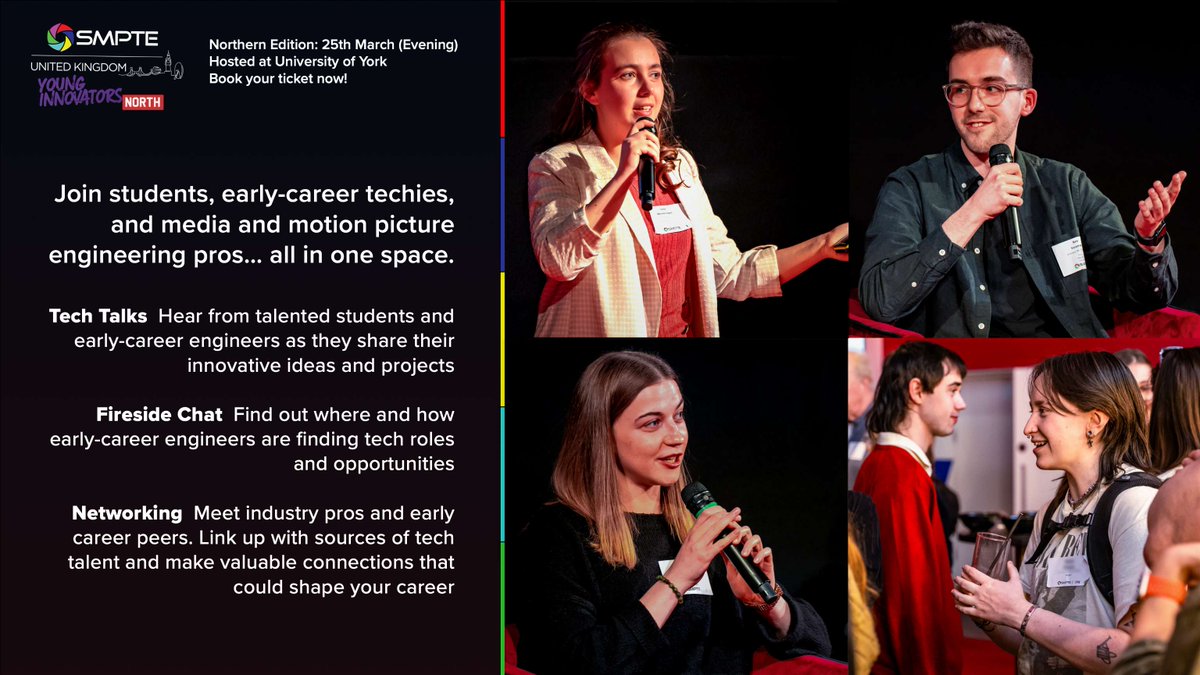 We're supporting this excellent SMPTE event which is branching out this year to the lovely city of York. A great opportunity to meet, mingle and network with the young technologists and media engineers of the future.

Learn more: ow.ly/KWvj50UWzJr