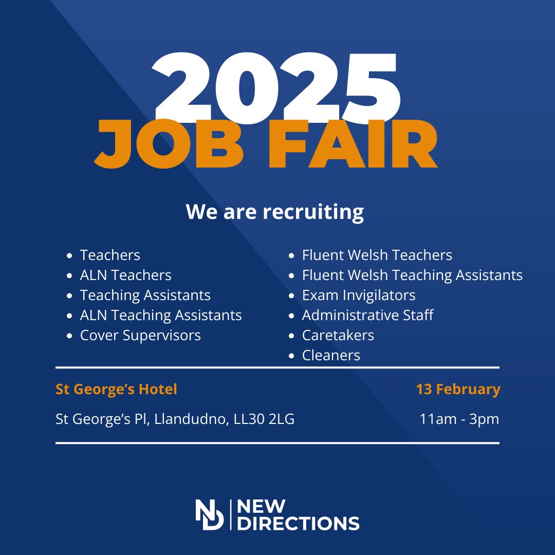 NdeElla's tweet photo. @NDSarahH  and I will be attending the Jobs fair this week in St George’s hotel in Llandudno if you wish to pop in for a chat  or have any questions about working in schools then please come and find us! 💙#jobsfair #supplyteachingjobs #supplyagency #newdirections https://t.co/y23ifbRsAs