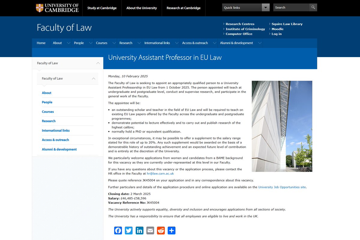 📢 Interested in joining our academic team? Applications are now open for our University Assistant Professorship in EU Law to teach at UG and PG level, conduct &amp; supervise research, and participate in the Faculty.

If you are the right candidate:

🔗law.cam.ac.uk/press/jobs/202…