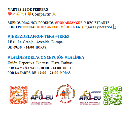MARTES 11 DE FEBRERO PUEDE #DONARSANGRE Y REGISTRARSE COMO #DONANTEDEMÉDULA
<a href="/ApoLeu/">ApoLeu</a> EN ❤️💉💪〽️🌡🧡 RT🙏

#LALINEADELACONCEPCIÓN #LALINEA
<a href="/Ayto_LaLinea/">Ayuntamiento de La Línea de la Concepción</a> <a href="/hospitalLaLinea/">HospitalLaLinea</a> <a href="/LaLineaInforma/">Todo sobre La Linea</a> <a href="/VCampoGibraltar/">Viva Campo de Gibraltar</a> <a href="/GrandeMedina/">Marina Medina Grande</a> <a href="/ojosdcalle/">Perro Callejero</a> <a href="/EstrellaBLopez/">Estrella Blanco</a> <a href="/JuntaCG/">Junta Campo de Gibraltar</a>

#DONASANGRE #DONAMÉDULA