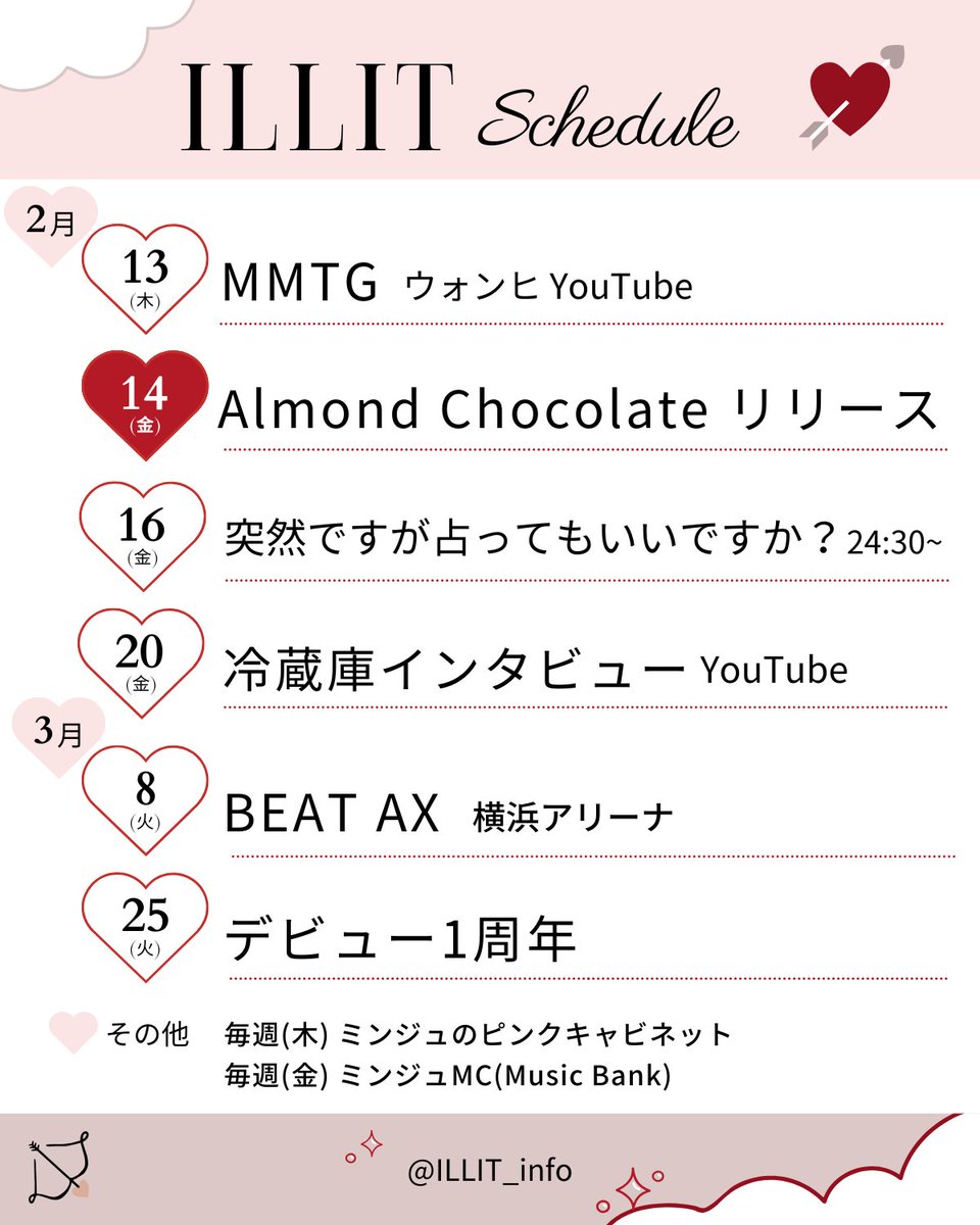 ILLIT_info's tweet photo. ⋱ ILLIT スケジュール🤍 ⋰

✧︎2月13日 MMTG(ウォンヒ・YouTube)

✧︎2月14日 Almond Chocolateリリース🍫

✧︎2月16日 突然ですが占ってもいいですか？
   (フジテレビ 24:30〜)

✧︎2月20日 冷蔵庫インタビュー

✧︎3月8日 BEAT AX (横浜アリーナ)

✧︎3月25日 デビュー1周年

毎��(木) ミンジュのピンクキャビネット
毎週(金) ミンジュMusic Bank司会

〖 その他 〗

✧︎2月14日まで LaLaport×ILLIT Special Valentine

✧︎3月7日 顔だけじゃ好きになりません公開

#ILLIT #ILLIT_出演情報