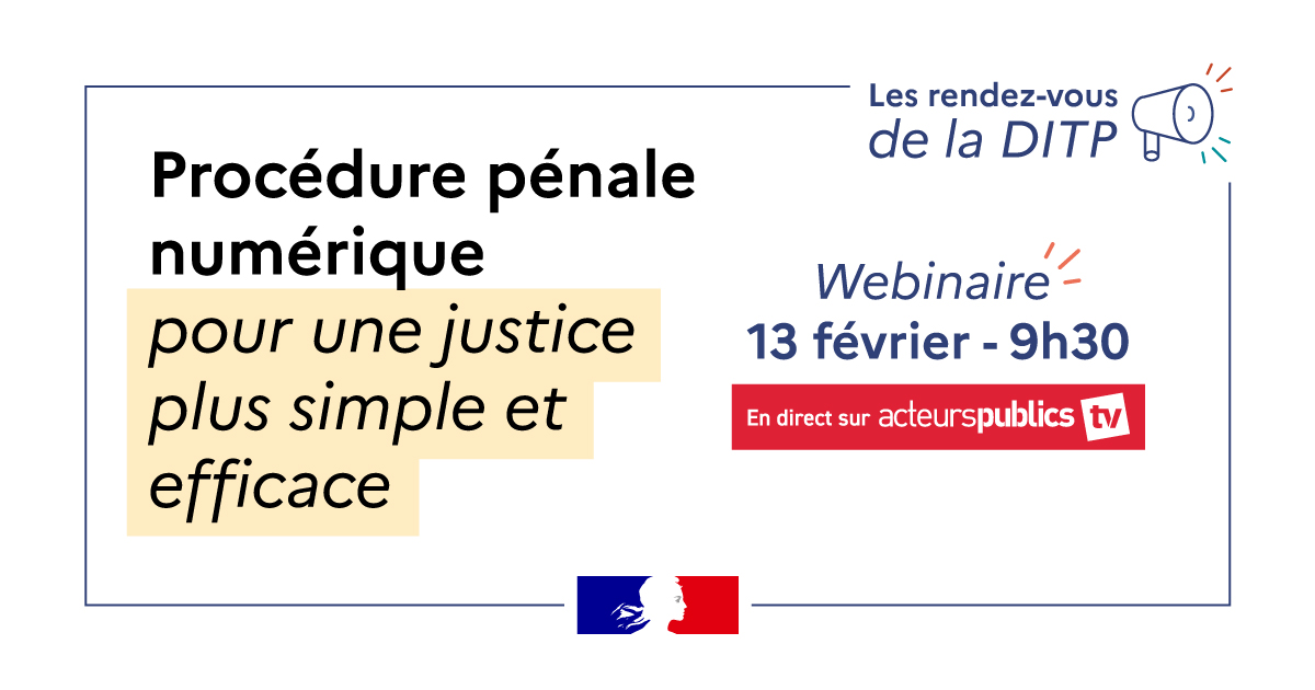 📣 #Webinaire : Procédure pénale numérique, pour une justice plus simple et efficace, 1 #RDVdelaDITP avec <a href="/justice_gouv/">Ministère de la Justice</a> <a href="/Interieur_Gouv/">Ministère de l'Intérieur</a> <a href="/PoliceNationale/">Police nationale</a> <a href="/Gendarmerie/">Gendarmerie nationale</a> . Inscrivez-vous ! 👉 bit.ly/3ExzNG8