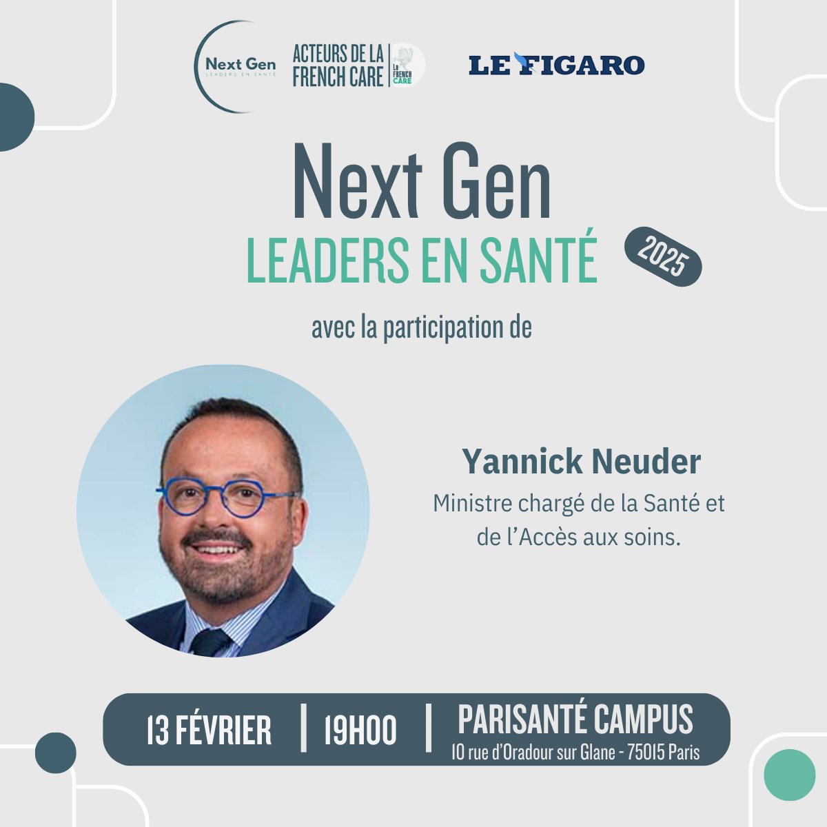 Acteurs de La French Care (@actfrenchcare) on Twitter photo 🚀 J-3 avant Next Gen Leaders en Santé ! Nous aurons l’honneur d’accueillir <a href="/yannickneuder/">Dr. Yannick Neuder</a>, Ministre chargé de la Santé et de l'Accès aux soins, aux côtés d'<a href="/AntoineTesniere/">Pr Antoine Tesniere</a> et <a href="/MarieVisot/">Marie Visot</a>.
📅 13 février
🕖 19h00
📍 PariSanté Campus 🚀 J-3 avant Next Gen Leaders en Santé ! Nous aurons l’honneur d’accueillir <a href="/yannickneuder/">Dr. Yannick Neuder</a>, Ministre chargé de la Santé et de l'Accès aux soins, aux côtés d'<a href="/AntoineTesniere/">Pr Antoine Tesniere</a> et <a href="/MarieVisot/">Marie Visot</a>.
📅 13 février
🕖 19h00
📍 PariSanté Campus