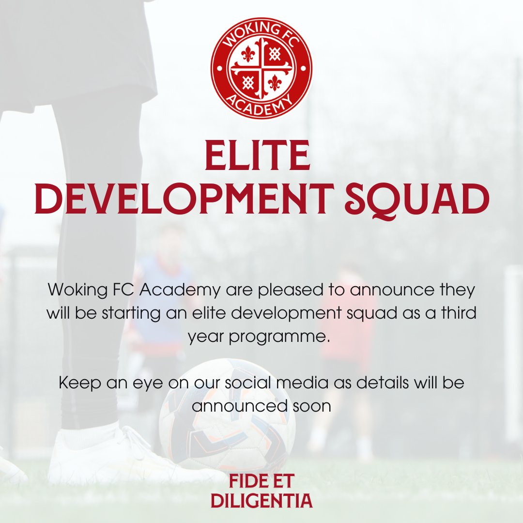 𝙀𝙡𝙞𝙩𝙚 𝘿𝙚𝙫𝙚𝙡𝙤𝙥𝙢𝙚𝙣𝙩 𝙎𝙦𝙪𝙖𝙙

Woking FC Academy are delighted to announce our new Elite Development Squad for the 2025-26 season. More details on the programme will follow in due course. 

♦️