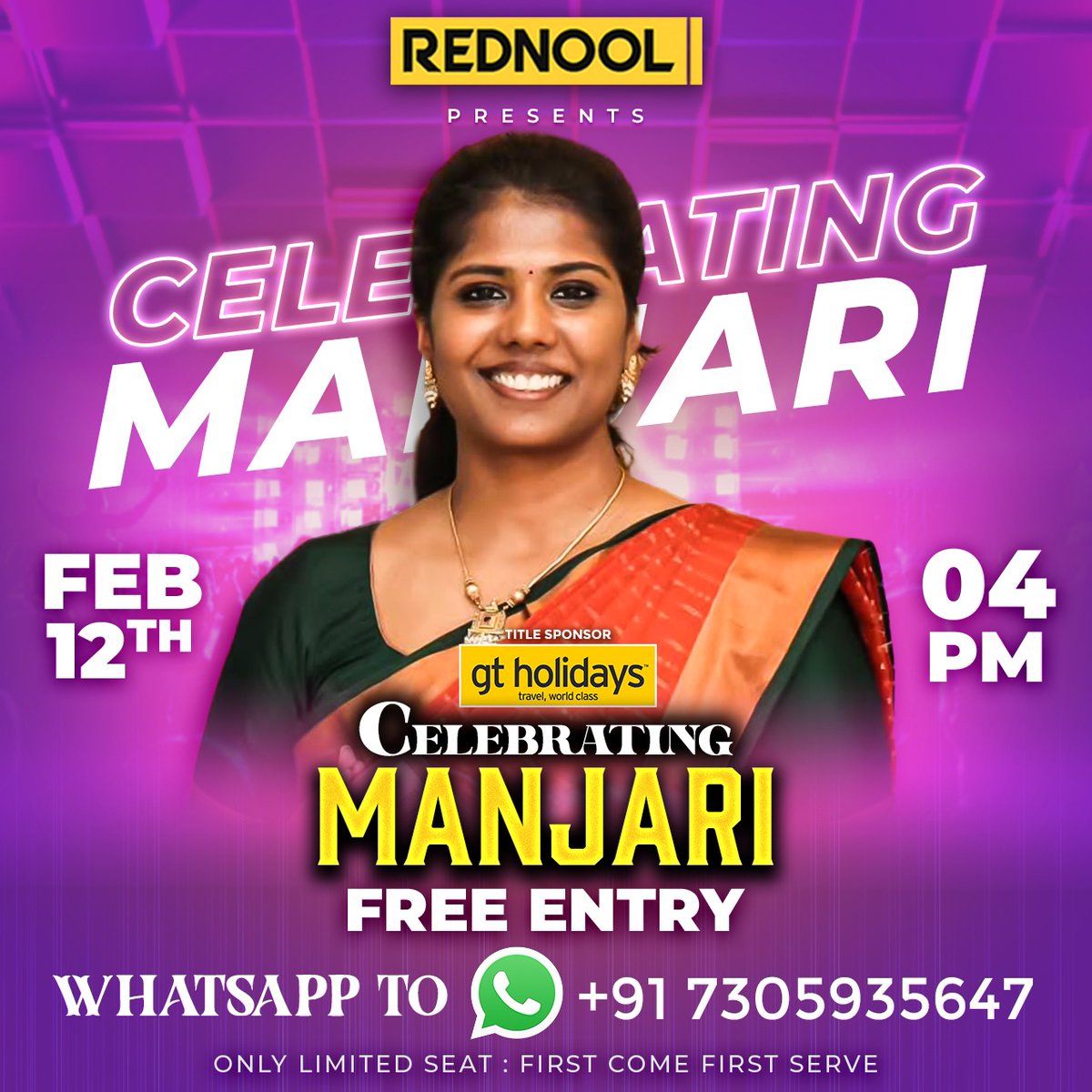 Rednool (@rednoolofficial) on Twitter photo Rednool Celebrating Manjari 🎉 Happening on Feb 12 (Wednesday) 4 PM <a href="/gtholidays_/">GT Holidays</a> <a href="/manjari_n/">Manjari Narayanan</a>
FREE Entry Kindly Whatsapp To +91 7305935647
ONLY LIMITED SEAT: FIRST COME FIRST SERVE
#Manjari #BiggbossTamil #CelebratingManjari #Rednool Rednool Celebrating Manjari 🎉 Happening on Feb 12 (Wednesday) 4 PM <a href="/gtholidays_/">GT Holidays</a> <a href="/manjari_n/">Manjari Narayanan</a>
FREE Entry Kindly Whatsapp To +91 7305935647
ONLY LIMITED SEAT: FIRST COME FIRST SERVE
#Manjari #BiggbossTamil #CelebratingManjari #Rednool