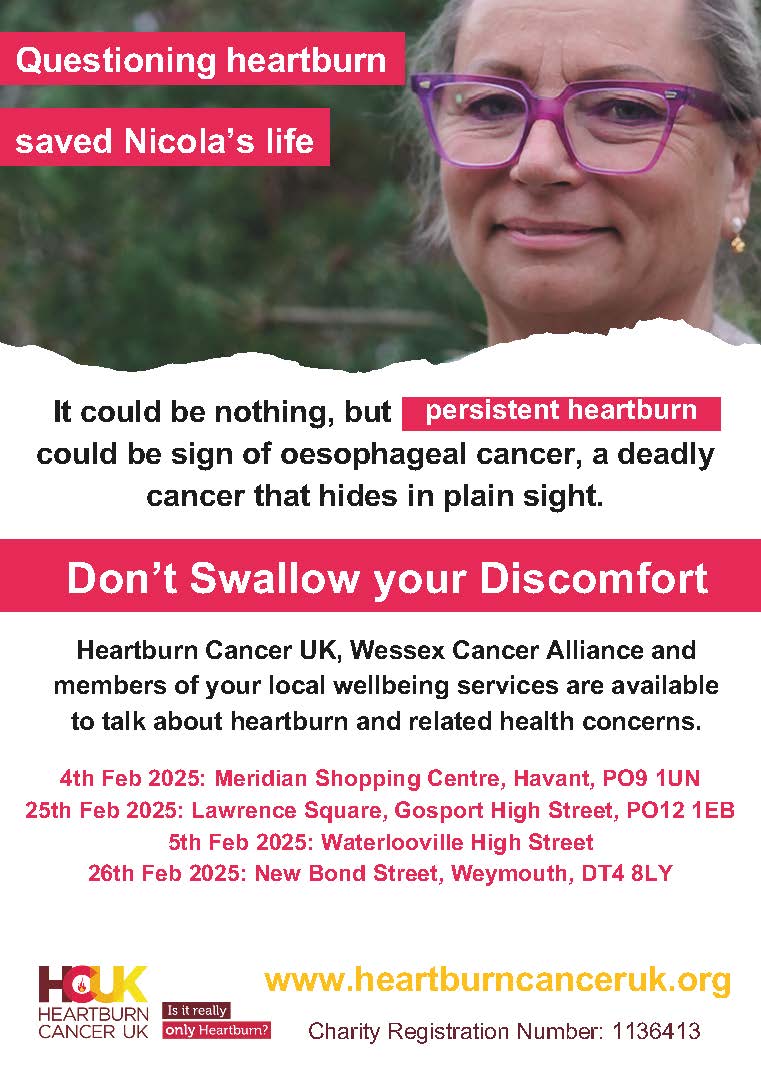 Help & Care (@helpandcare) on Twitter photo This February, <a href="/HeartburnCancer/">Heartburn Cancer UK</a>, Wessex Cancer Alliance and local wellbeing services will be out in the community to talk about persistent heartburn and why it shouldn’t be ignored.
Learn more: buff.ly/3EsLHB4
#MoreThanJustHeartburn #OesophagealCancerAwarenessMonth This February, <a href="/HeartburnCancer/">Heartburn Cancer UK</a>, Wessex Cancer Alliance and local wellbeing services will be out in the community to talk about persistent heartburn and why it shouldn’t be ignored.
Learn more: buff.ly/3EsLHB4
#MoreThanJustHeartburn #OesophagealCancerAwarenessMonth