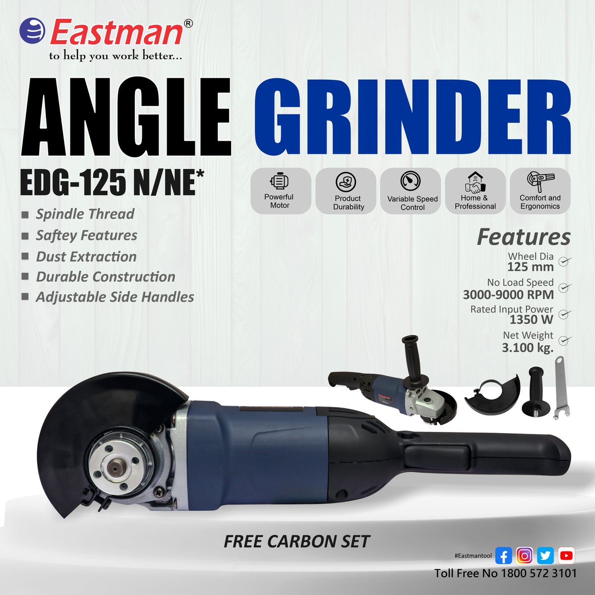 EastmanTool's tweet image. 🔥 Cut, Grind &amp;amp; Shine! ⚡
Meet the #Eastman® EDG-125 N/NE Angle Grinder – where power meets precision! 💪

⚙️ 1350W Motor – Tough &amp;amp; Reliable
⚙️ Adjustable Side Handles – Full Control
⚙️ 3000-9000 RPM – Smooth Performance

🎁 FREE Carbon Set Inside!
.
.
#Powertools #Anglegrinder