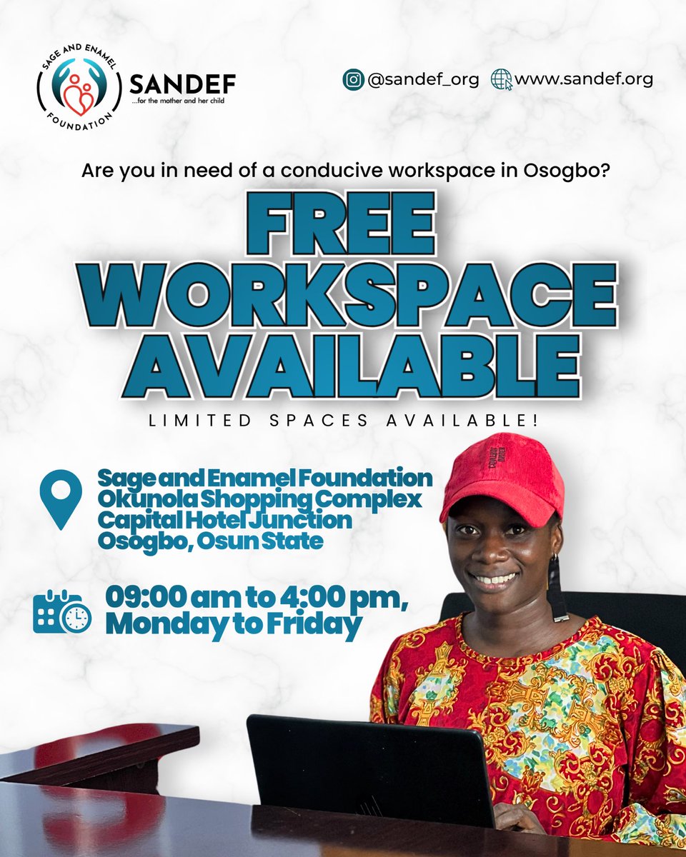 Hello Family,

For a limited time, we’re offering a free work environment where you can focus, create, and get things done in the city of Osogbo. Plus, we have a boardroom that seats 9 people for your meetings.

Interested? Call or WhatsApp +234 806 958 5382 to secure your spot!