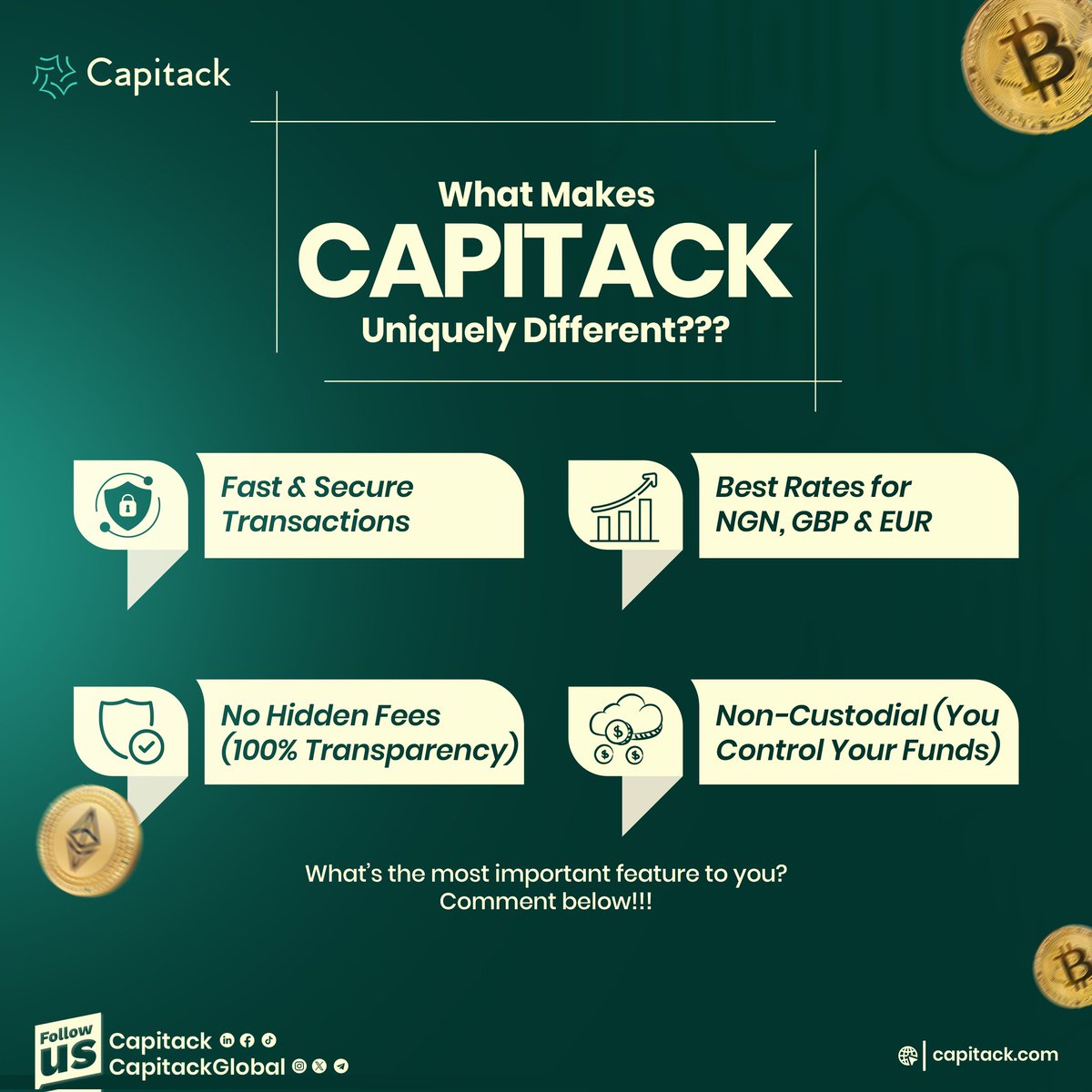 CapitackGlobal's tweet photo. Meet Capitack, the ultimate crypto exchange built for YOU! Seamlessly buy, sell, and swap 50+ crypto with:
✨ Fast transactions
✨ Unbeatable rates for NGN, GBP &amp; EUR
✨ No hidden fees!
✨ Non-custodial!
     🔗 https://t.co/9qQtdypij7
#CryptoTrading #BuyCrypto  #NGN #Capitack https://t.co/DFaSDquI91
