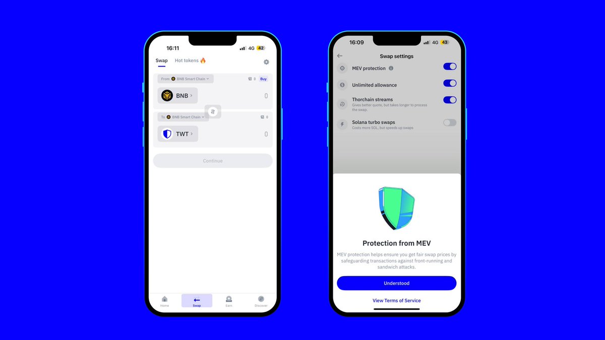 BNBCHAIN 1. 下载Trust Wallet并设置你的钱包https://t.co/XFWZlbDjtd 2. 点击底部的“兑换” 选项3.  点击右上角的设置⚙️ 图标4. 确保MEV保护功能已开启就这样！你已经受到保护，免除抢先交易和夹心攻击的威胁。