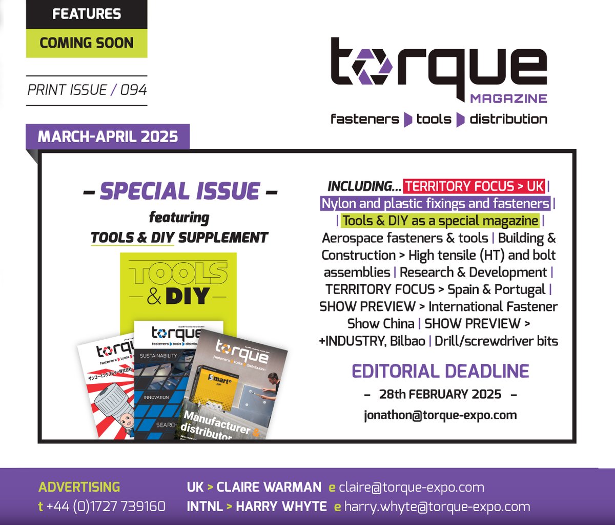 Torque Magazine & Torque-Expo (@torqueexpo) on Twitter photo The March-April 2025 issue will spotlight key features, including ‘Territory Focus UK’, ‘Nylon and Plastic Fixings’, and a special ‘Tools magazine’.Take a look at the Nov-Dec 2024 edition of Torque magazine here - loom.ly/JbodXLw
Contact claire@torque-expo.co.uk for more. The March-April 2025 issue will spotlight key features, including ‘Territory Focus UK’, ‘Nylon and Plastic Fixings’, and a special ‘Tools magazine’.Take a look at the Nov-Dec 2024 edition of Torque magazine here - loom.ly/JbodXLw
Contact claire@torque-expo.co.uk for more.