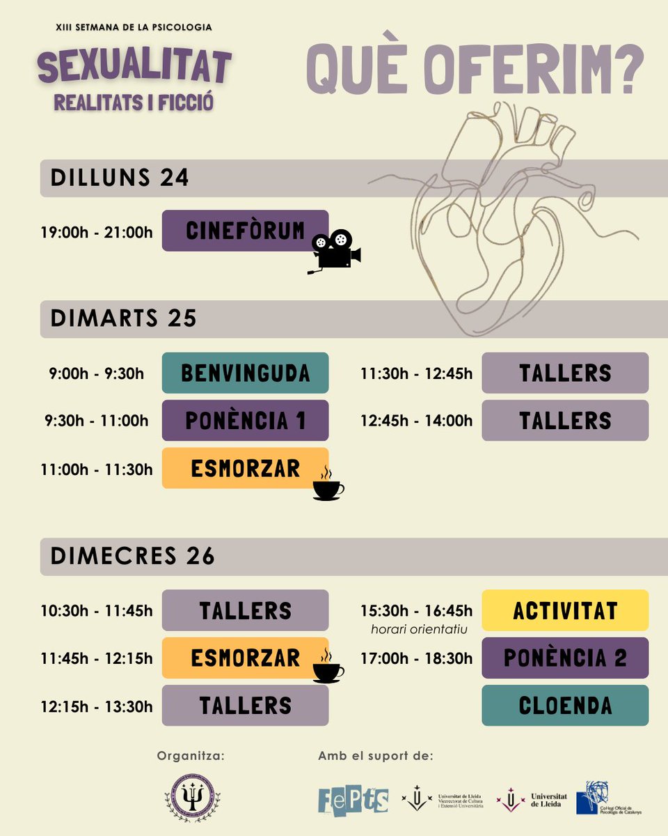 Del 24 al 26 de febrer es celebra la XIII Setmana de la #Psicologia, reconeguda amb 2 ECTS de matèria transversal.
Més info i inscripcions a fce.udl.cat/Jornades/setma…