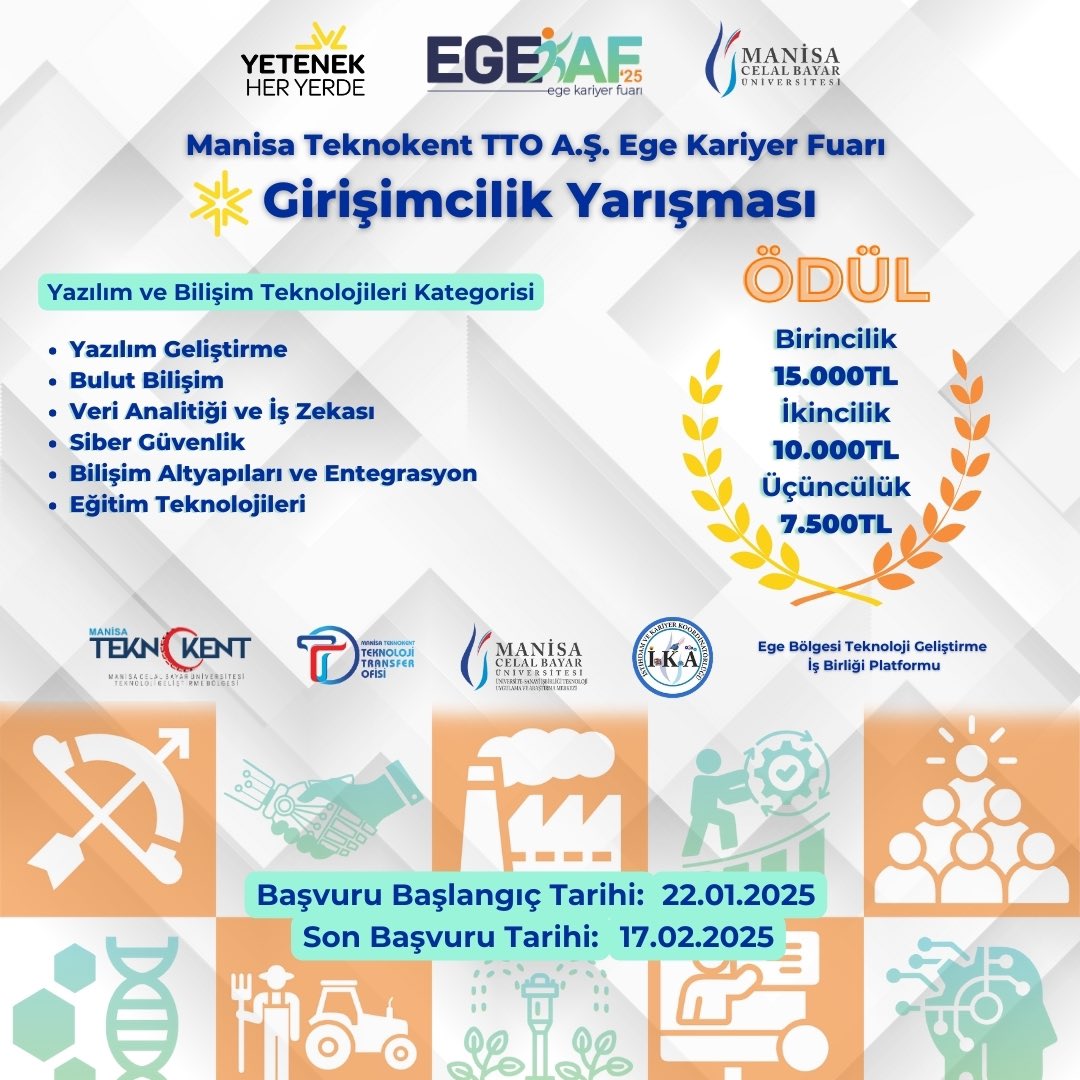 📢Girişimcilik Yarışması Başvuru Tarihi 17 Şubat'a Uzatıldı❗

Manisa Teknokent Teknoloji Transfer Ofisi, 26-27 Şubat 2025 tarihlerinde Ege Kariyer Fuarı’nda Girişimcilik Yarışması düzenliyor!

Detaylar: manisatto.com.tr/duyurudetayi?l…