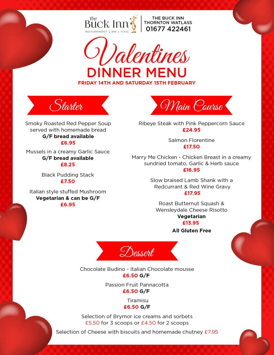 ❤️Love is in the air at Buck Inn!❤️
Enjoy a Valentine’s feast to remember on the 14th &amp; 15th Feb.
Treat your loved one to a delicious romantic meal this Valentine's Day. 🍽🌹

Accepts🐶
weacceptpets.co.uk/NorthYorkshire…

#ValentinesDay #RomanticMeal #ValentinesMenu #Couples #NorthYorkshire