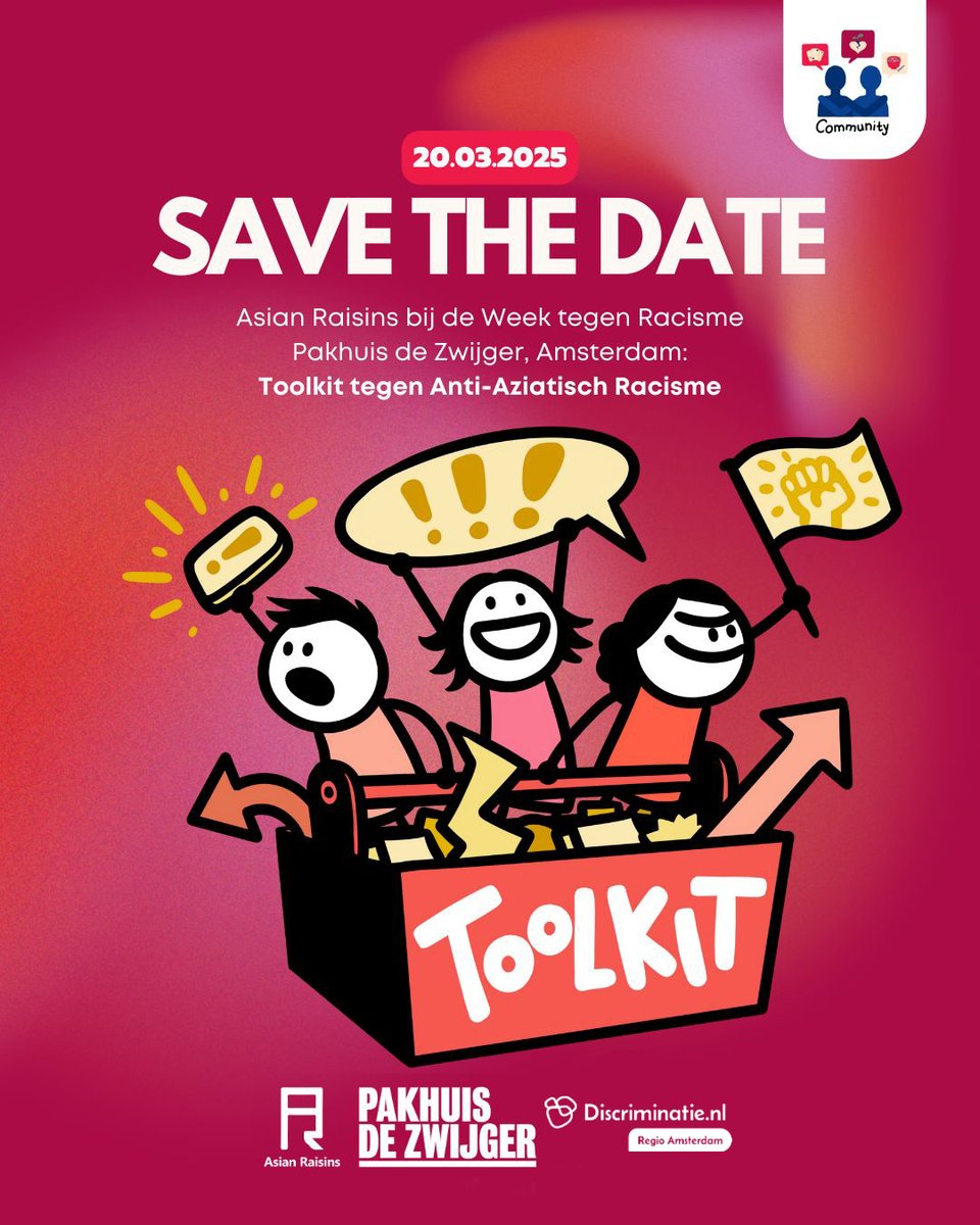 🗓 Save the date: 20 maart 2025

Tijdens de Week tegen Racisme (17-22 mrt) slaan Asian Raisins, <a href="/De_Zwijger/">Pakhuis de Zwijger</a>  en Discriminatie.nl Regio Amsterdam (DRA) de handen ineen voor het programma ‘Toolkit tegen Anti-Aziatisch Racisme’. 🔎

Kom langs. Meld het WEL!

#WeekTegenRacisme