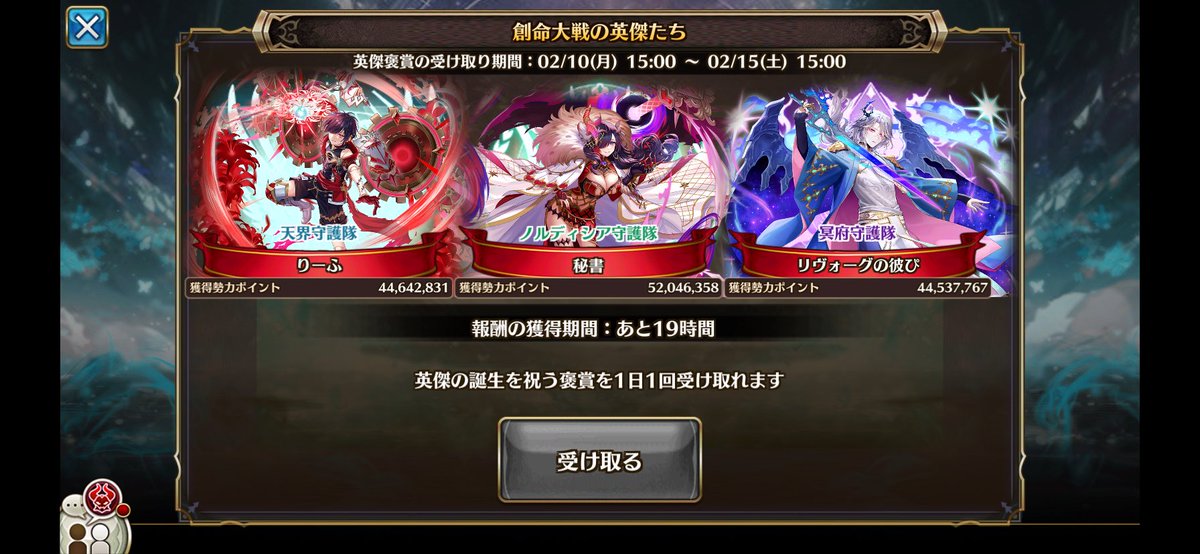 leaf3rdstage's tweet image. 創命大戦お疲れ様でした
天界守護隊の英傑になりました！

筋トレやカレーの誘いも断って
ずっと周回してました笑
そのおかげで
個人1位、ギルド1位です！

ギルメンの存在無しではここまで辿り着けなかったと思います
本当にうちのギルド凄い！
誰だよこのギルド作ったの！(褒め言葉)

#ヴァルコネ