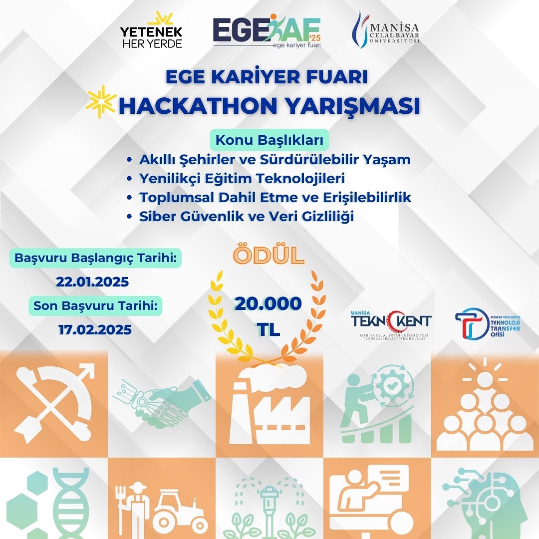📢Hackathon Yarışması Başvuru Tarihi 17 Şubat'a Uzatıldı❗
Manisa Teknokent Teknoloji Transfer Ofisi, 26-27 Şubat 2025 tarihlerinde Ege Kariyer Fuarı’nda Hackathon Yarışması düzenliyor!

Detaylar: manisatto.com.tr/duyurudetayi?l…