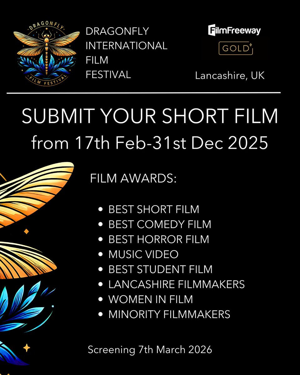 Thrilled to announce the launch of Dragonfly International Film Festival, a new short film and music video competition in #Preston, Lancashire.

#dragonflyiff2026 #filmfestival #Lancashire  #filmmakers #shortfilm #shortfilmfestival #filmcrew