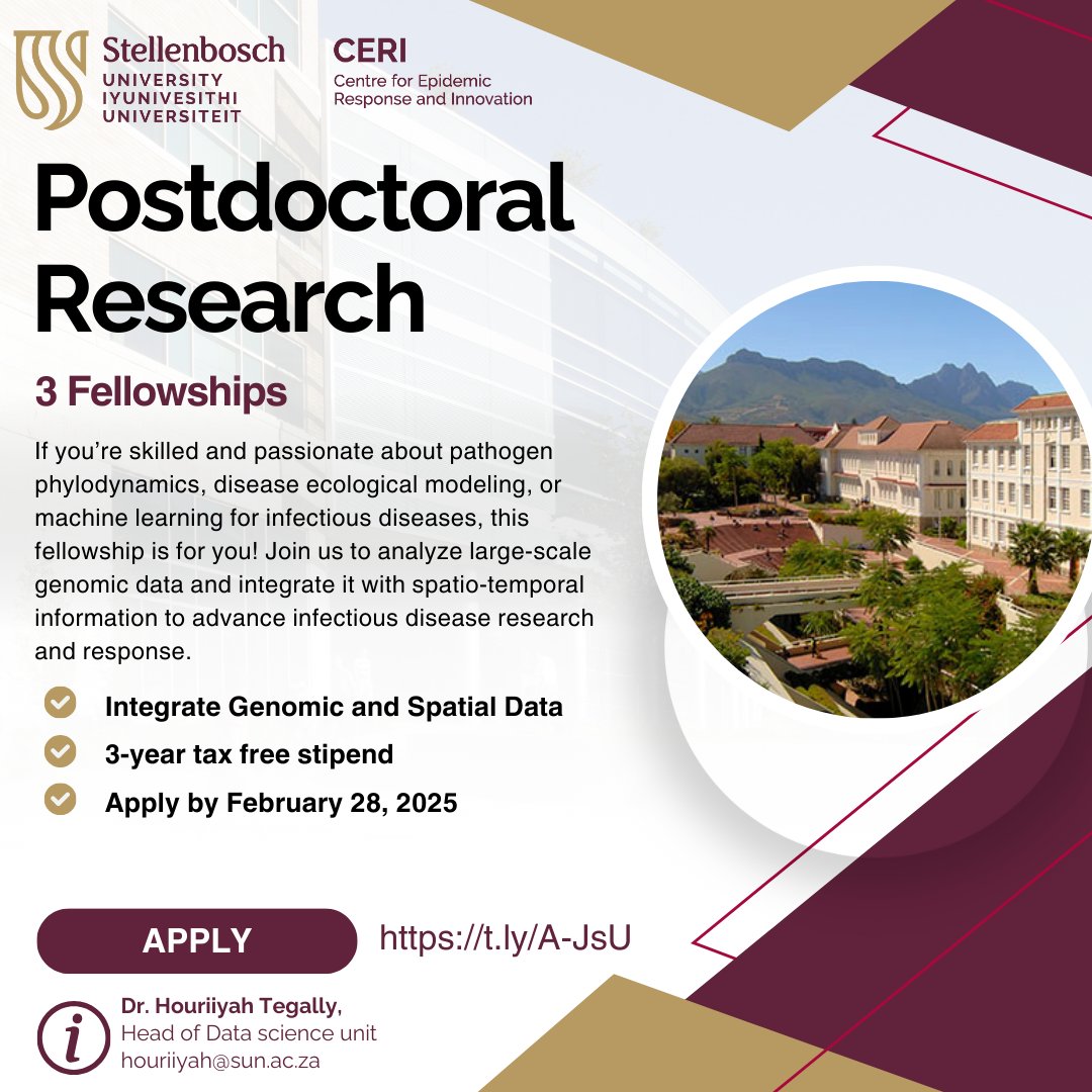 Centre for Epidemic Response & Innovation (CERI) (@ceri_news) on Twitter photo #OpportunityAlert 🚀 Passionate about pathogen phylodynamics, disease ecological modeling, or machine learning for infectious diseases? We have 3 positions for a 3-year, tax-free Postdoc Fellowship at CERI, <a href="/StellenboschUni/">Stellenbosch University</a>! 🌍
🔗t.ly/A-JsU
📅 28-02-2025
<a href="/houzhou/">Houriiyah Tegally, PhD 🇲🇺</a> #OpportunityAlert 🚀 Passionate about pathogen phylodynamics, disease ecological modeling, or machine learning for infectious diseases? We have 3 positions for a 3-year, tax-free Postdoc Fellowship at CERI, <a href="/StellenboschUni/">Stellenbosch University</a>! 🌍
🔗t.ly/A-JsU
📅 28-02-2025
<a href="/houzhou/">Houriiyah Tegally, PhD 🇲🇺</a>