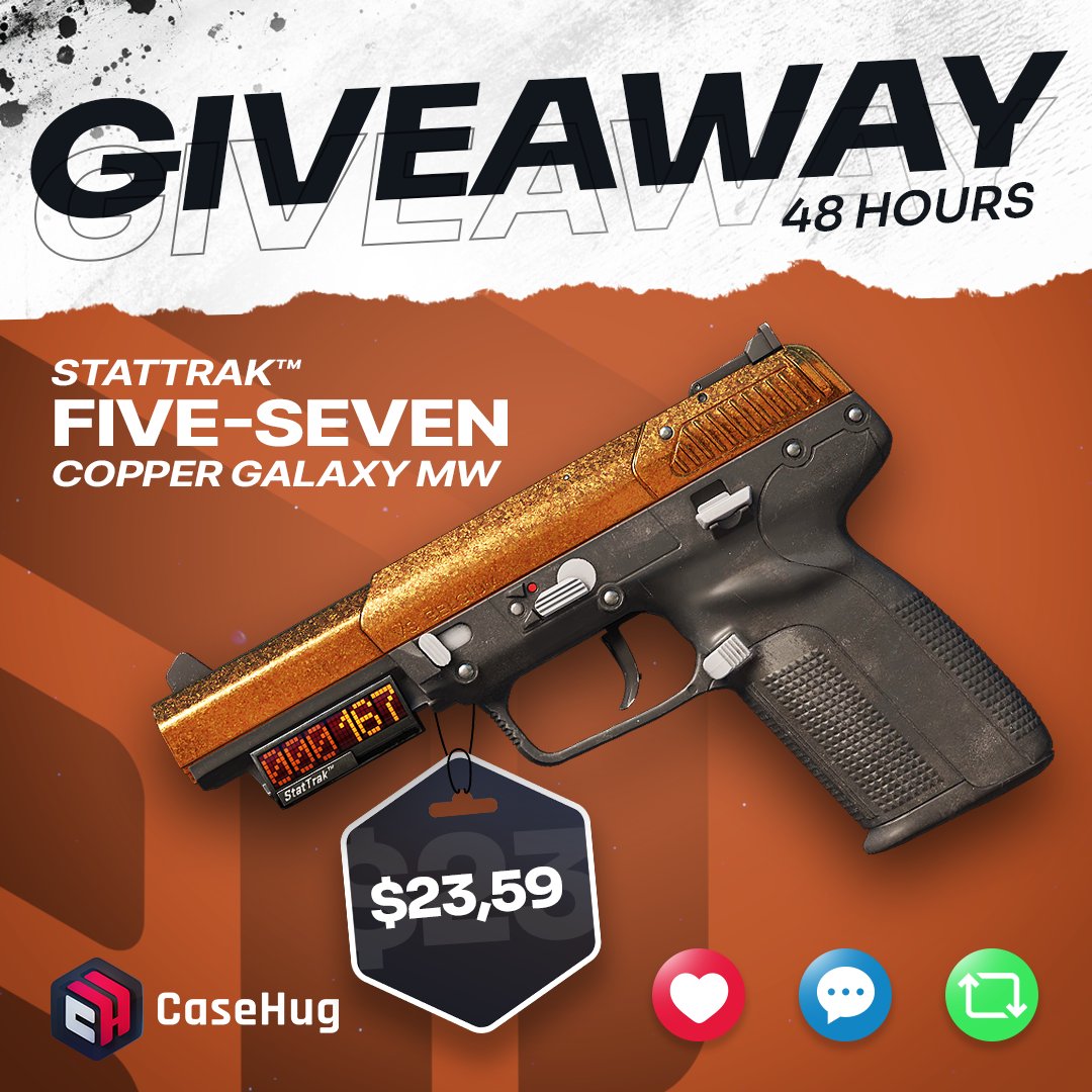 casehugcom's tweet photo. CS2 SKIN GIVEAWAY!🎁
WIN StatTrak Five-SeveN | Copper Galaxy [MW] 💪

To enter:
🔹Follow us on X
🔹Like & Retweet our last 2 posts
🔹Tag a friend
🔹Follow us on IG https://t.co/52tTJiaNWF

⏰ Giveaway ends in 48 hours! Hurry up! ⏰

#casehugcom #CS2Giveaway #casehug #skingiveaway #skin #valve #CS2 #csgoskins #cs2skins