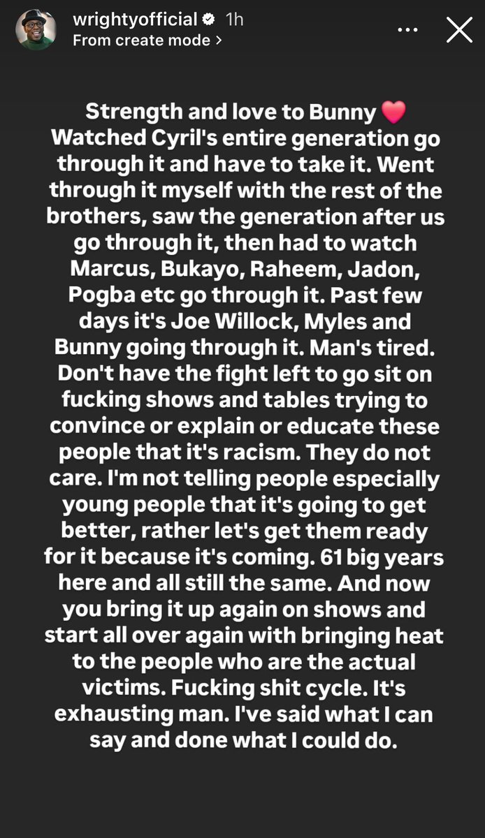 📲 <a href="/IanWright0/">Ian Wright</a> on Instagram, following racist abuse received by Bunny Shaw this week. ✊❤️

🗣️ “Don’t have the fight left to go sit on f*cking shows and tables trying to convince or explain or educate these people that’s it’s racism. 61 big years here and all still the same.”