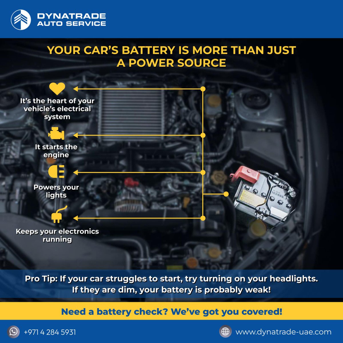 Under the Hood 101: #CarBattery Your car’s battery does more than just start the engine it powers your lights, electronics, and keeps your vehicle running smoothly. If your #carstruggles to start, try turning on the headlights. Dim lights? Your battery might need a check.