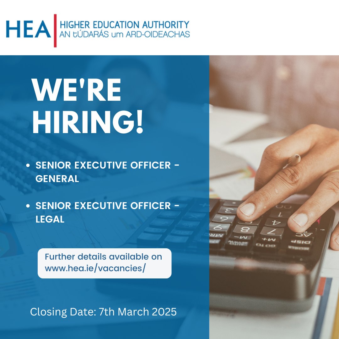 hea_irl's tweet image. We're hiring!

Open competition for appointment to positions of:

- Senior Executive Officer - General
- Senior Executive Officer - Legal

Closing Date: 5pm, Friday 7th March, 2025

For more info, see👉 hea.ie/vacancies/

Email: seorecruit@hea.ie
Contact: Mark Carroll