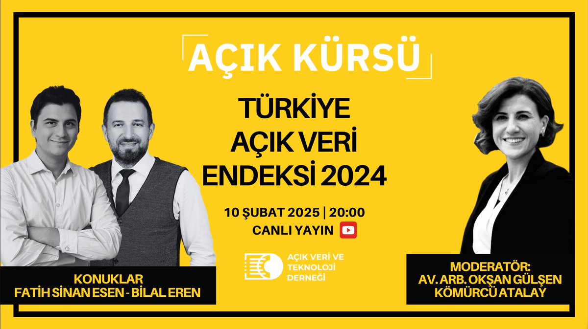 📍"Türkiye Açık Veri Endeksi - 2024

Ülkemizdeki açık veri programına sahip yerel yönetimlerin son durumlarını analiz ettiğimiz "Yerel Yönetimler Açık Veri Endeksi - 2024" sonuçlarını canlı yayında açıklıyoruz.. 

⏰ Bugün saat 20.00 / Canlı Yayın

👉 youtube.com/live/hV-8RSfGK…