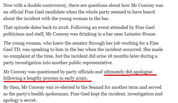 nwl88444048's tweet photo. Very scant details available on the Fine Gael investigation into Martin Conway below with his wife of 16 years Breege Hannify. There was "a lengthy process" in early 2020. But when did it start, when did it conclude? Before #GE20 (Feb) or #SE20 (Apr)?
#ConwayScandal https://t.co/qPhQHSqYyg
