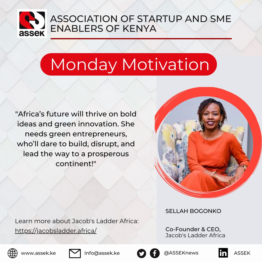 Association of Startup & SMEs Enablers of Kenya (@asseknews) on Twitter photo Happy Monday 😃👋🏻, Today's Monday motivation comes from <a href="/Sellahb/">Sellah Bogonko</a>, Co-Founder & CEO at <a href="/JacobsLadder_A/">Jacob's Ladder Africa</a>.
The ESO believes that by empowering the green African workforce, they can create a brighter & more sustainable future for the continent.
Learn more: jacobsladder.africa Happy Monday 😃👋🏻, Today's Monday motivation comes from <a href="/Sellahb/">Sellah Bogonko</a>, Co-Founder & CEO at <a href="/JacobsLadder_A/">Jacob's Ladder Africa</a>.
The ESO believes that by empowering the green African workforce, they can create a brighter & more sustainable future for the continent.
Learn more: jacobsladder.africa