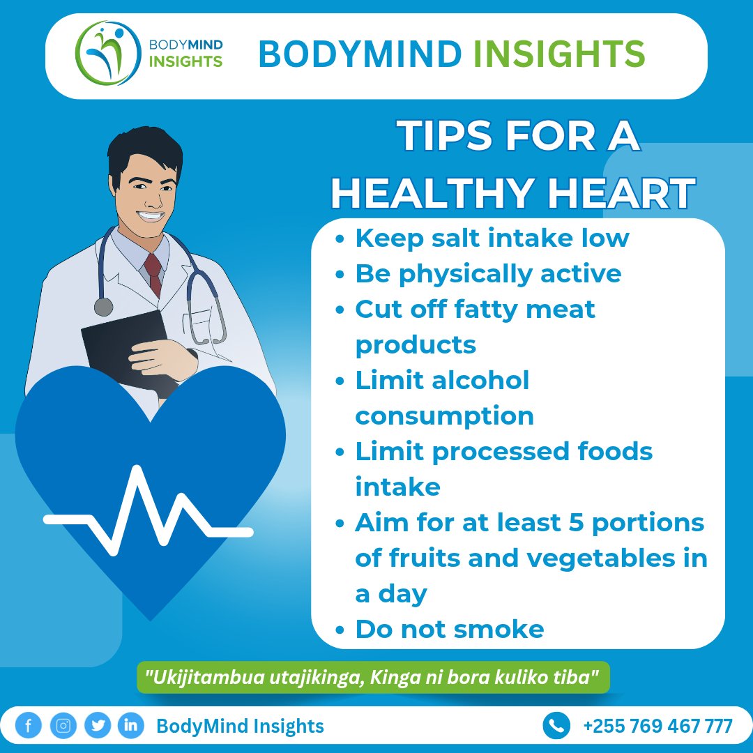 BodyMindTz's tweet photo. #February is a #heart month! 
February ni mwezi wa moyo! 
Here are some tips for a healthy heart ❤️ 
-Keep your salt intake low, Be physically active, Cut off fatty meat products, aim for at least 5 servings of vegetables and #fruits in a day, Do not smoke #StayHealthy https://t.co/dG3PlHzVYO