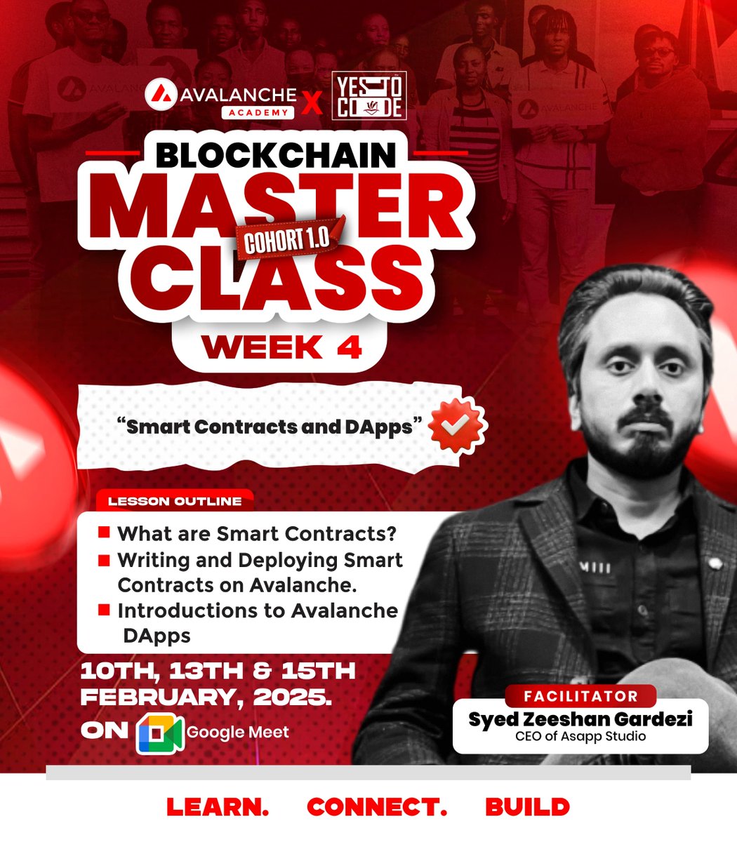 1/ 🚀 Week 4 is here! This week, we’re diving into Smart Contracts &amp; Decentralized Applications (DApps)—the foundation of Web3 innovation. If you're serious about building the future, this is your moment. Let’s go! 👇 #AvalancheAcademy #YESTOCODE
<a href="/avax/">Avalanche🔺</a> <a href="/yestocode/">YESTOCODE</a>