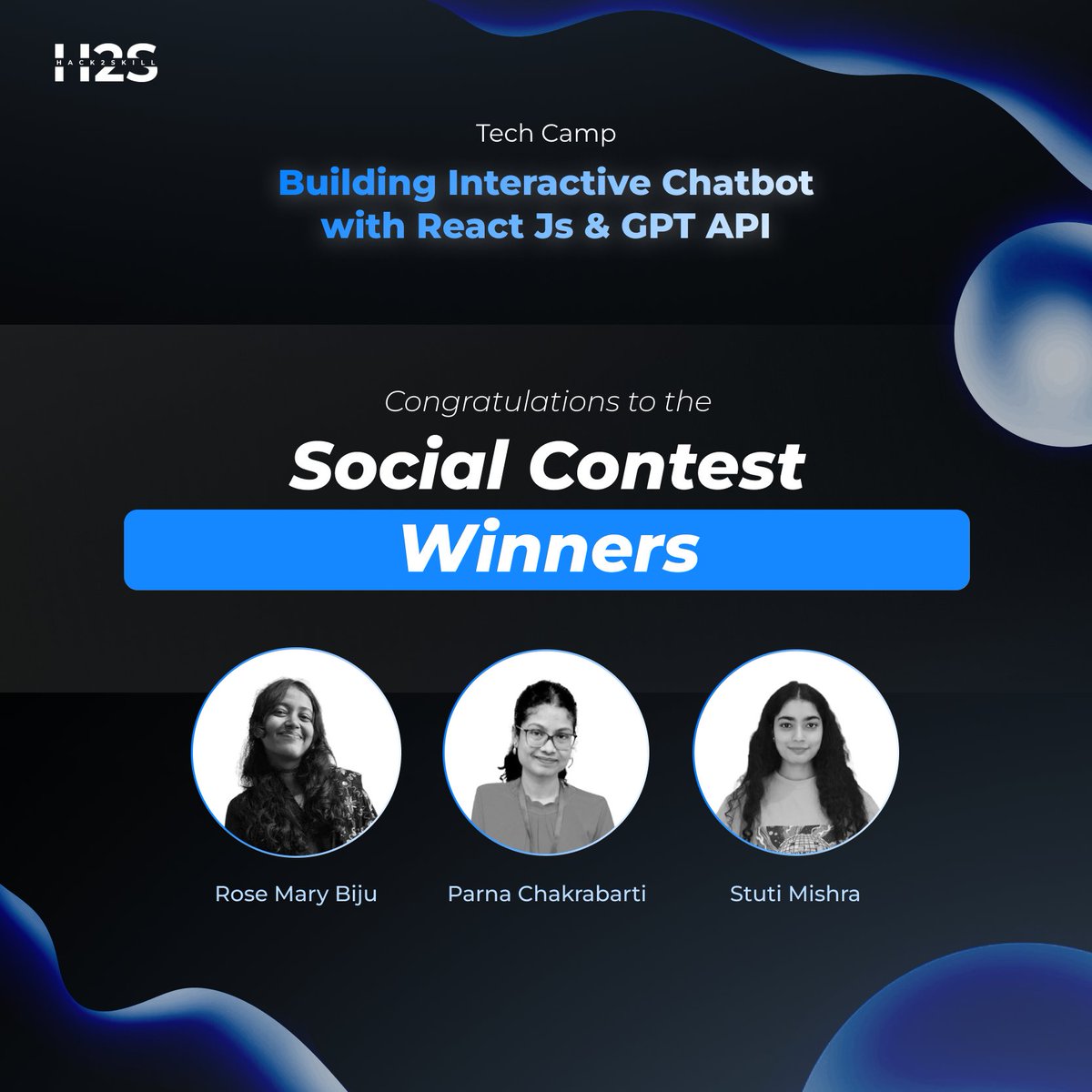 hack2skill's tweet image. 🚀 Top Performers of the Social #Contest!

These innovators went beyond building #chatbots - they sparked conversations &amp;amp; inspired the tech community!

🔹 Rose Mary Biju
🔹 Parna Chakrabarti
🔹 Stuti Mishra

Visit website to know more: bit.ly/H2STC-ChatbotR…

#H2STC #hack2skill