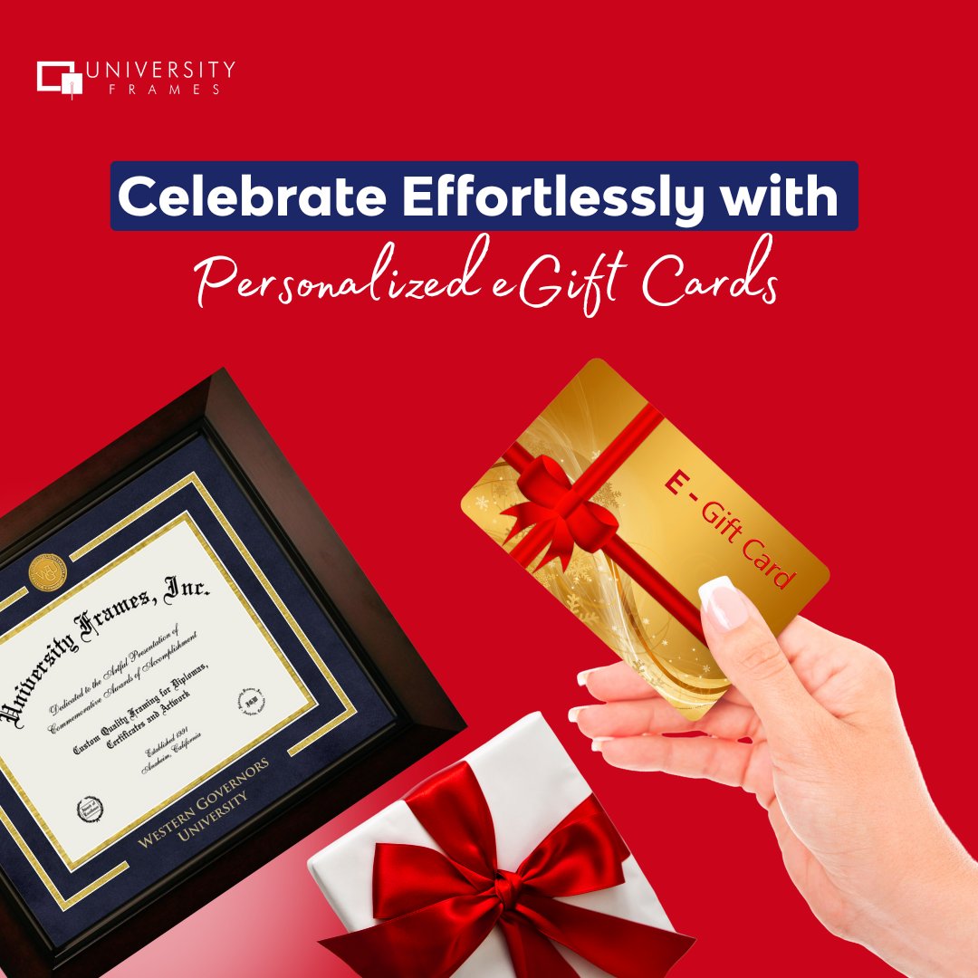 UniversityFrame's tweet image. Give the Gift of Choice with eGift Cards!
Our eGift cards allow graduates to customize their diploma frames to match their unique style. Perfect for any occasion! 🎁 🖼️💖
#GiftCard #CustomFrames #EGiftCard