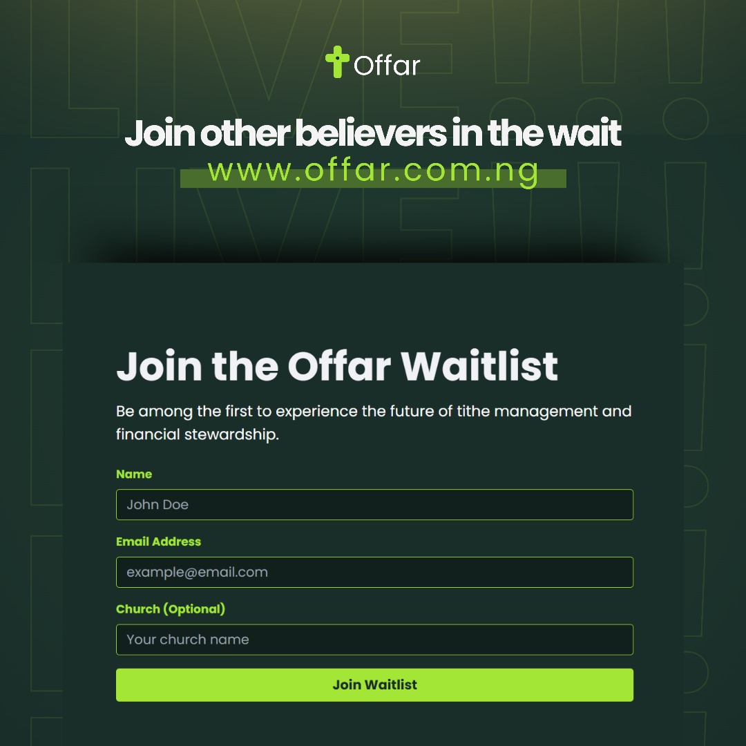 myoffar's tweet photo. Why are most believers struggling financially?
The answer is #Offar
Join the waitlist;
https://t.co/qjImAZlM0O
#Tithe #myoffar #FinancialFreedom #HasWeOffar https://t.co/mgaC6jD2kh